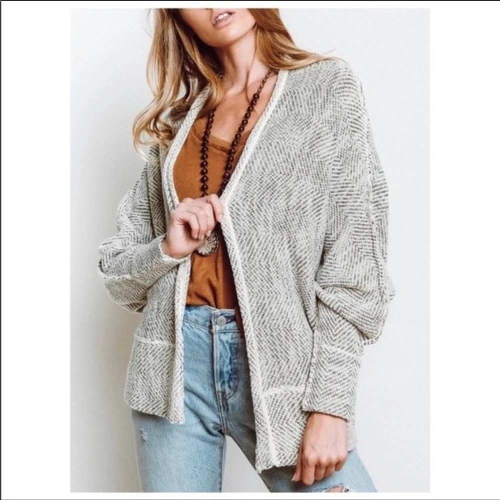 Free People Chevron Knit Batwing Cardigan Women L Gray Boho Cozy Coastal Grandma